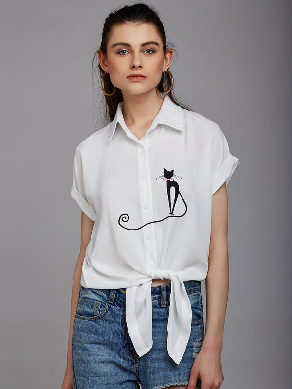 Berrylush Women White Casual Shirt with Embroidered Detail