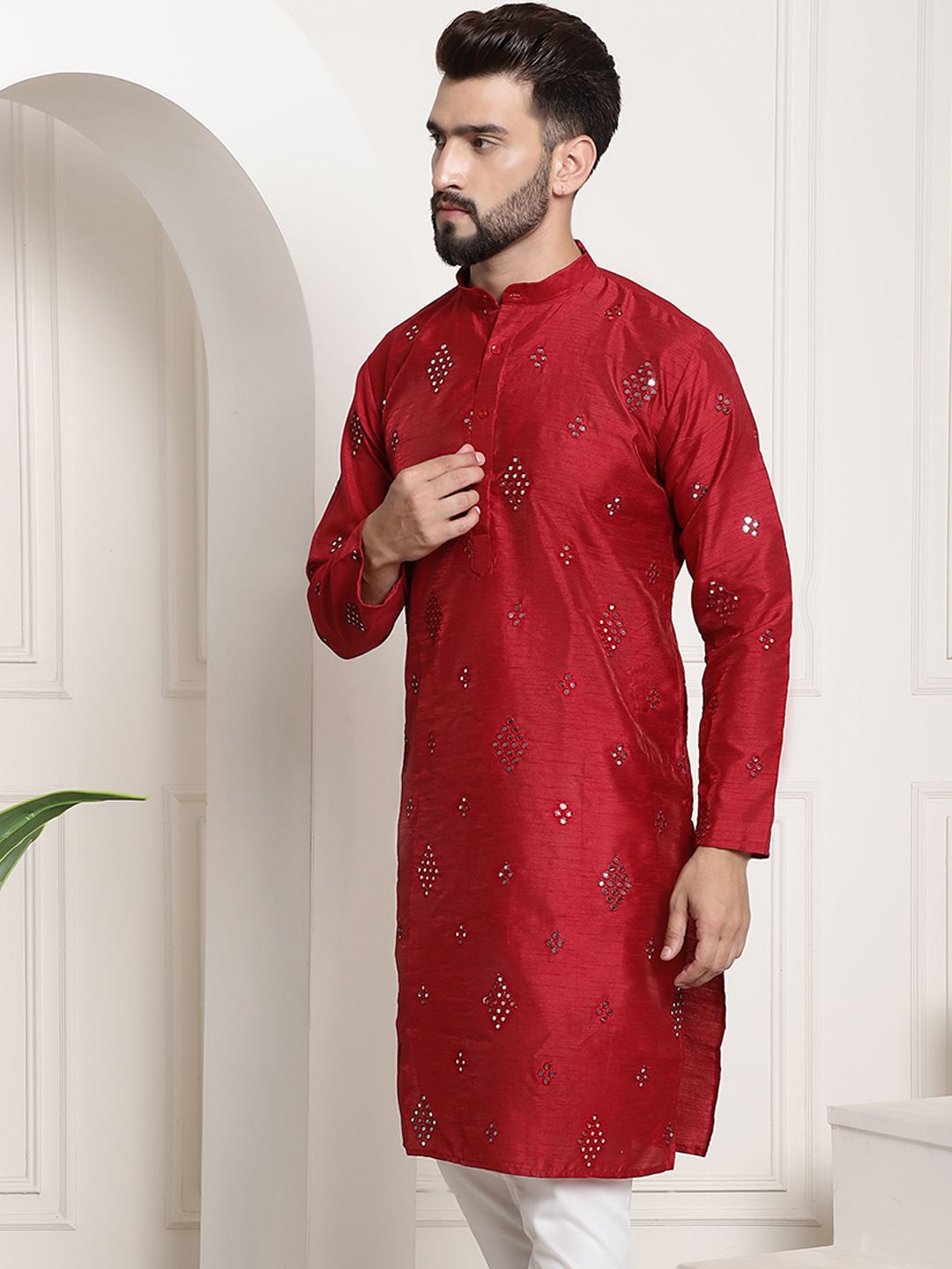 SOJANYA Ethnic Motifs Embellished Mirror Work Cotton Silk Kurta