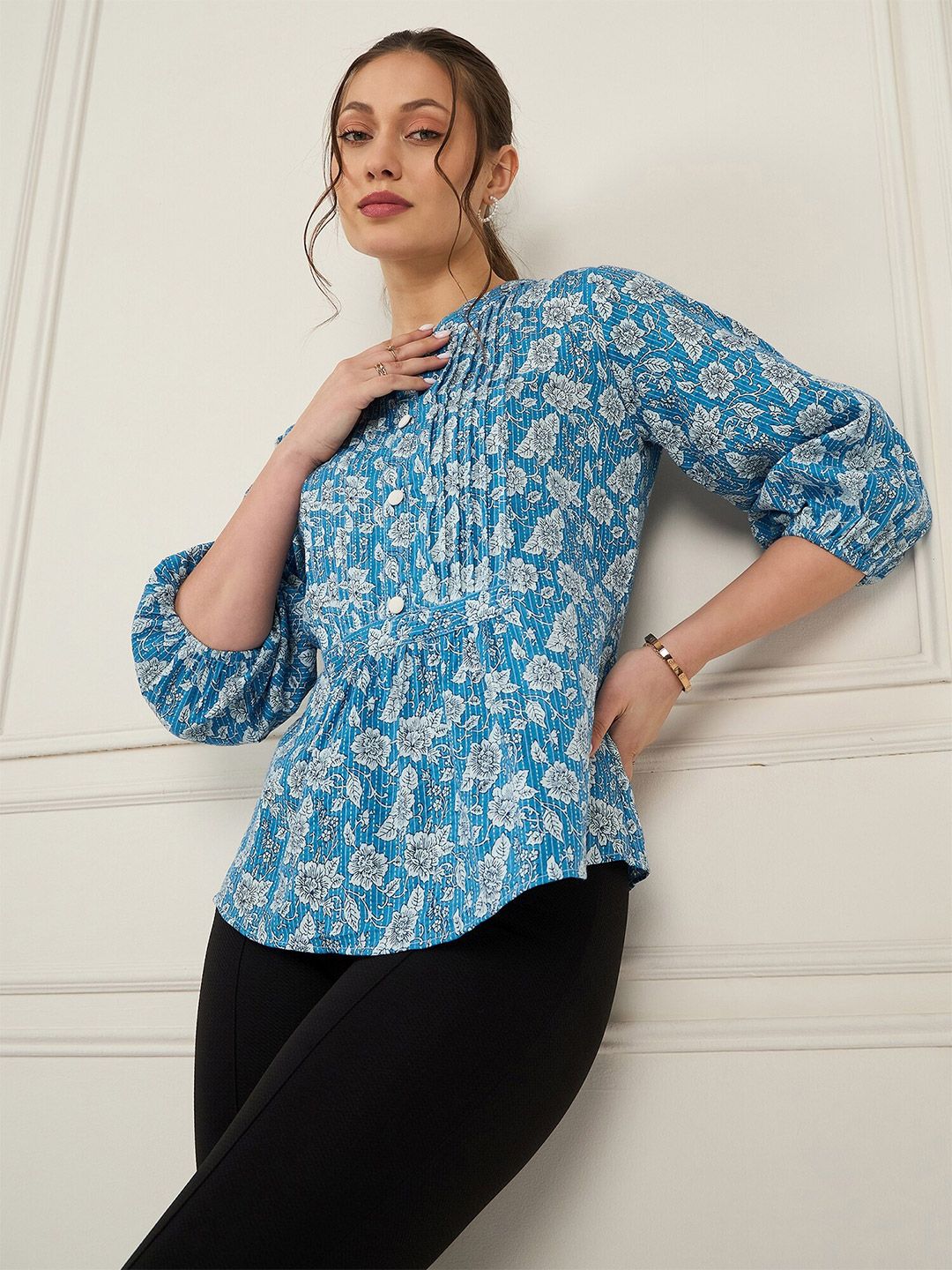 Antheaa Floral Print Mandarin Collar Pure Cotton Puff Sleeves Top