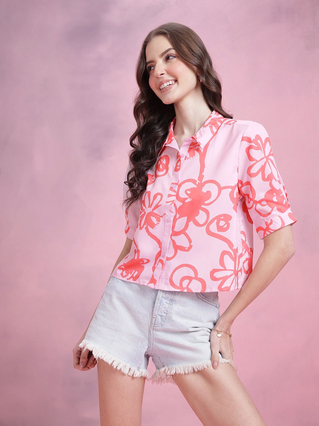 DressBerry Abstract Print Puff Sleeves Shirt Style Top