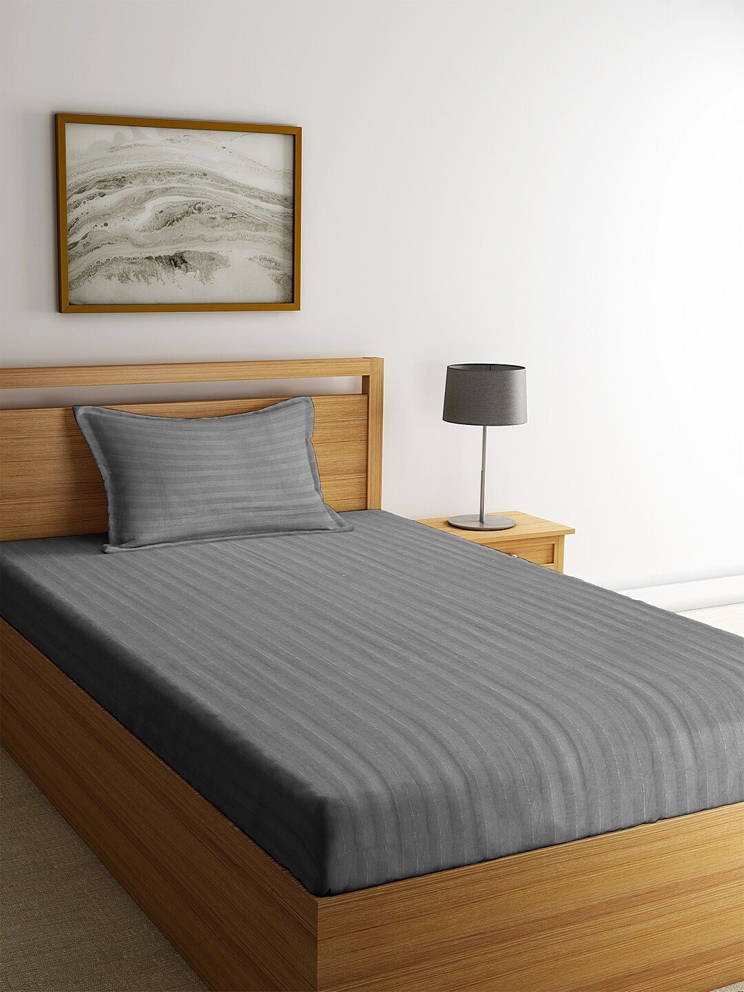 HOSTA HOMES Grey Solid 260 TC Cotton 1 Single Bedsheet with 1 Pillow Covers