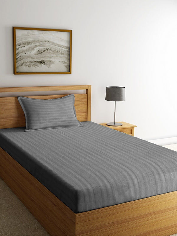 HOSTA HOMES Grey Solid 260 TC Cotton 1 Single Bedsheet with 1 Pillow Covers