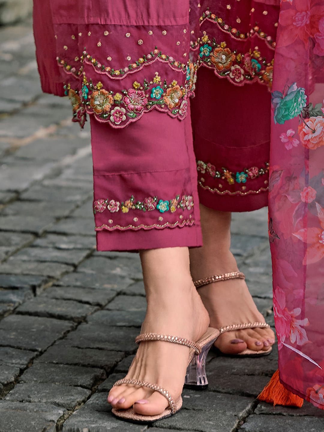 Indo Era Floral Yoke Design Thread Work A-Line Kurta With Trousers & Dupatta