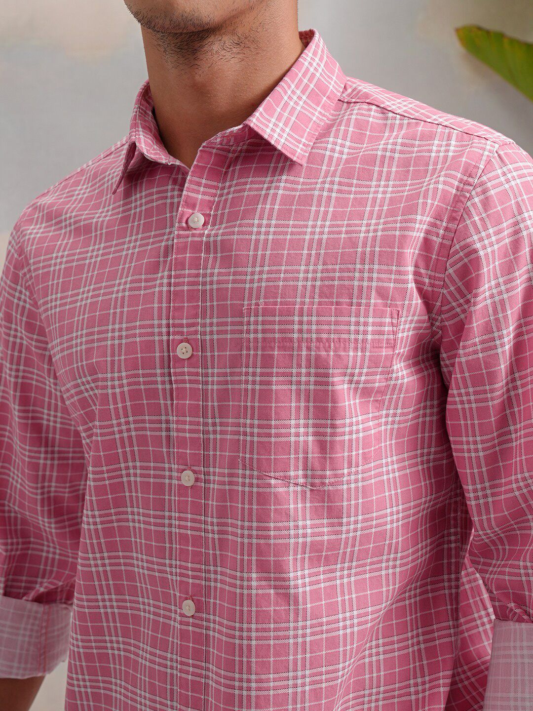 HIGHLANDER Classic Pink Slim Fit Tartan Checked Spread Collar Cotton Casual Shirt
