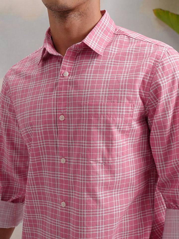 HIGHLANDER Classic Pink Slim Fit Tartan Checked Spread Collar Cotton Casual Shirt