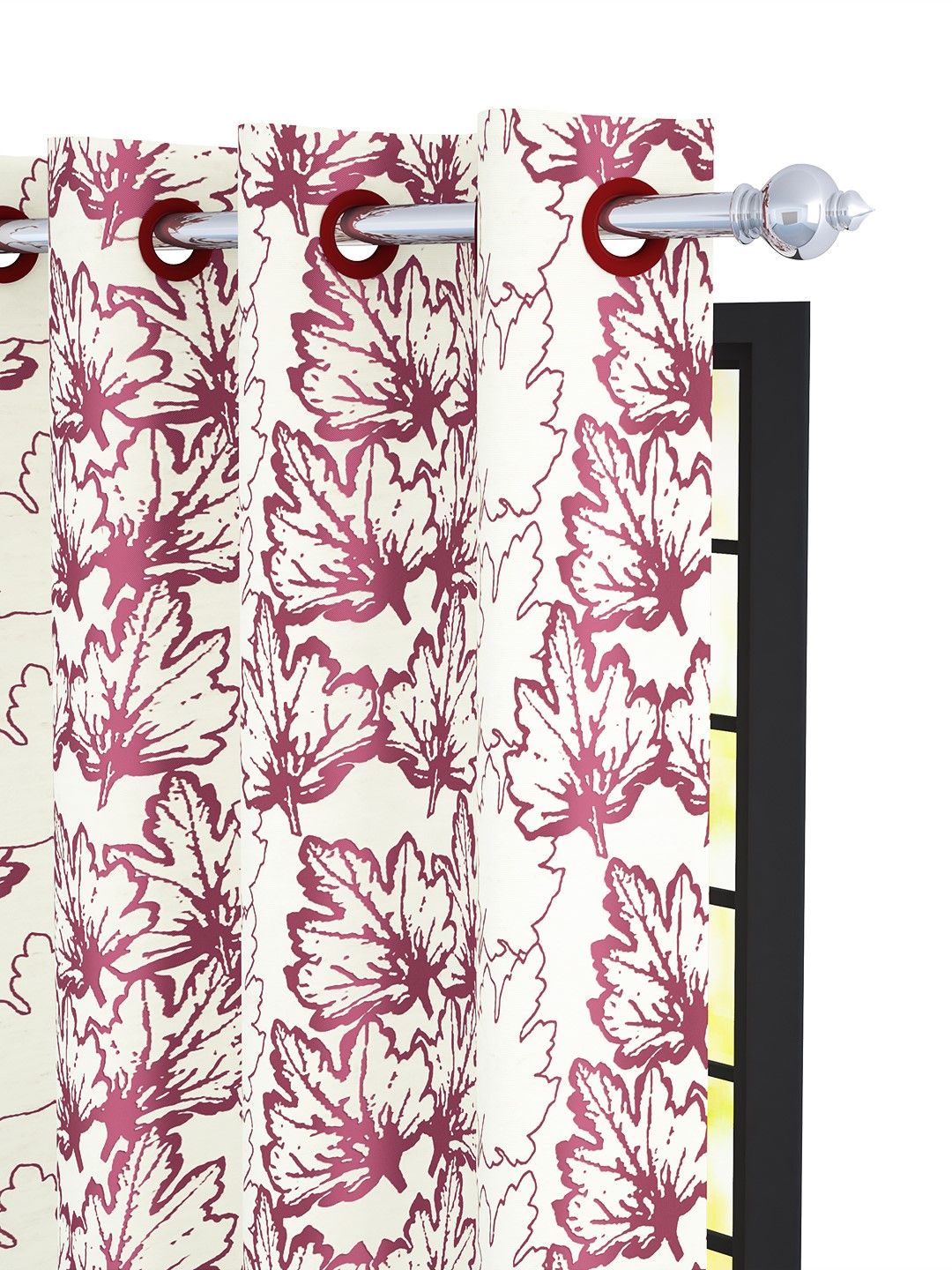 Story@home Set Of 4 Off-White & Maroon 300GSM Semi Blackout Jacquard Eyelet Ringtop Door Curtain
