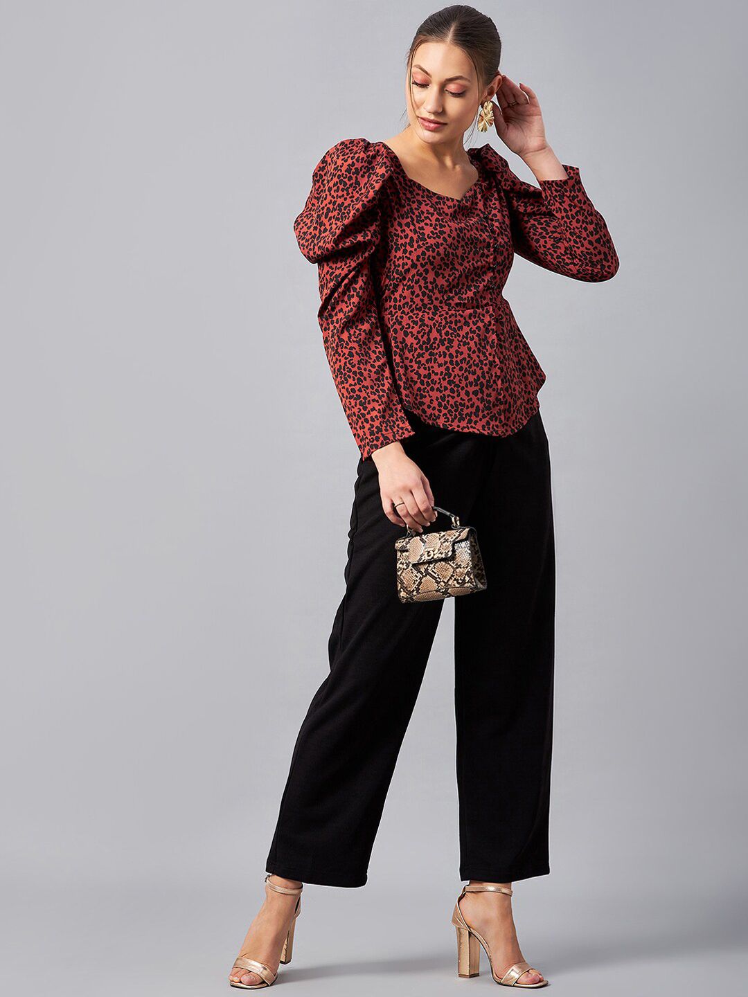 Antheaa Rust Red & Black Animal Printed Sweetheart Neck Top and Trousers
