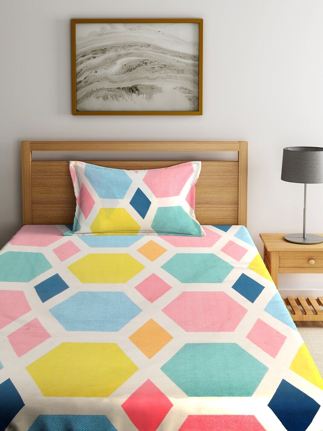 KLOTTHE White & Pink Geometric 210 TC Polycotton 1 Single Bedsheet with 1 Pillow Covers