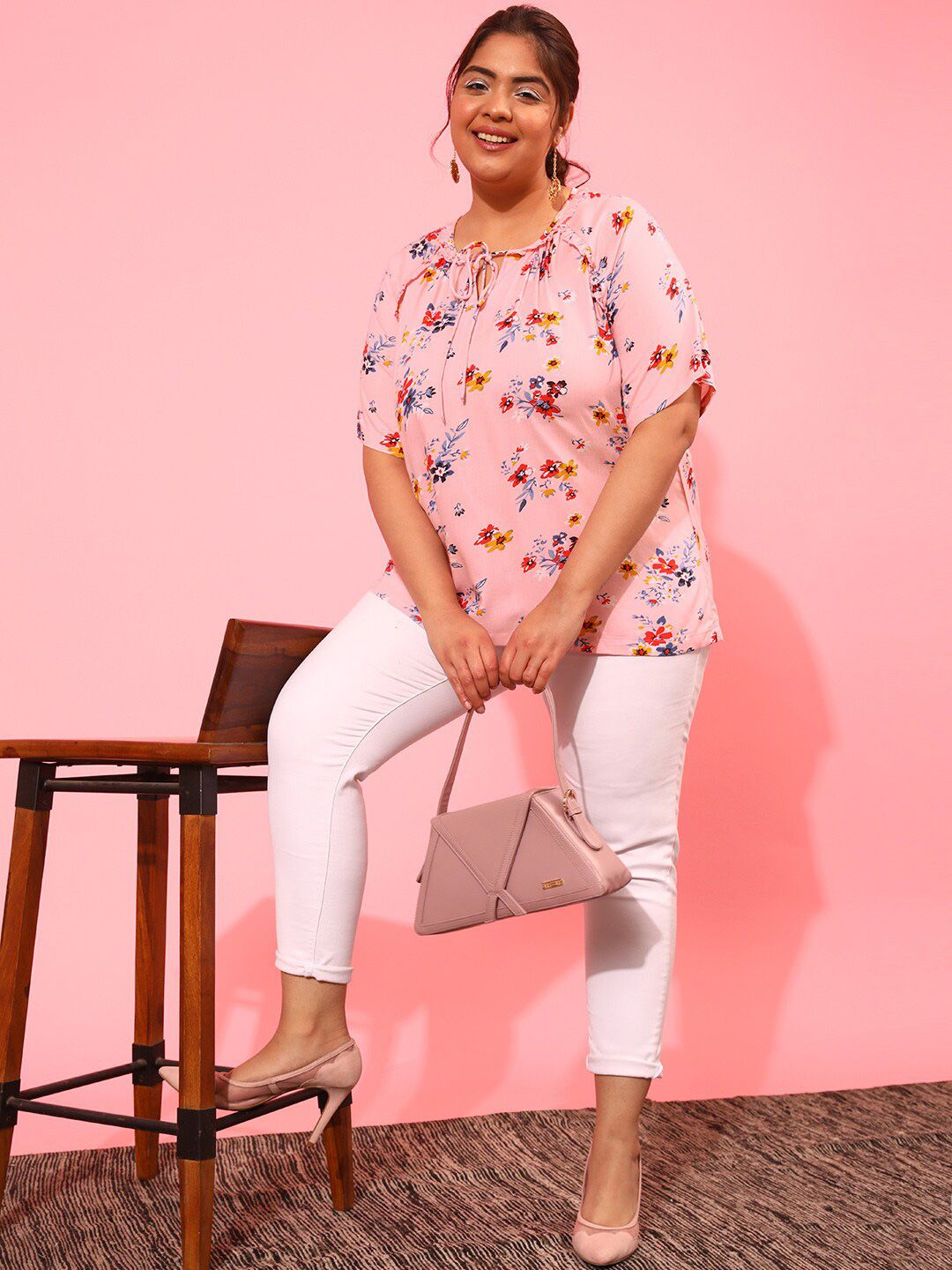 CURVY STREET Plus Size Floral Print Tie-Up Neck Top