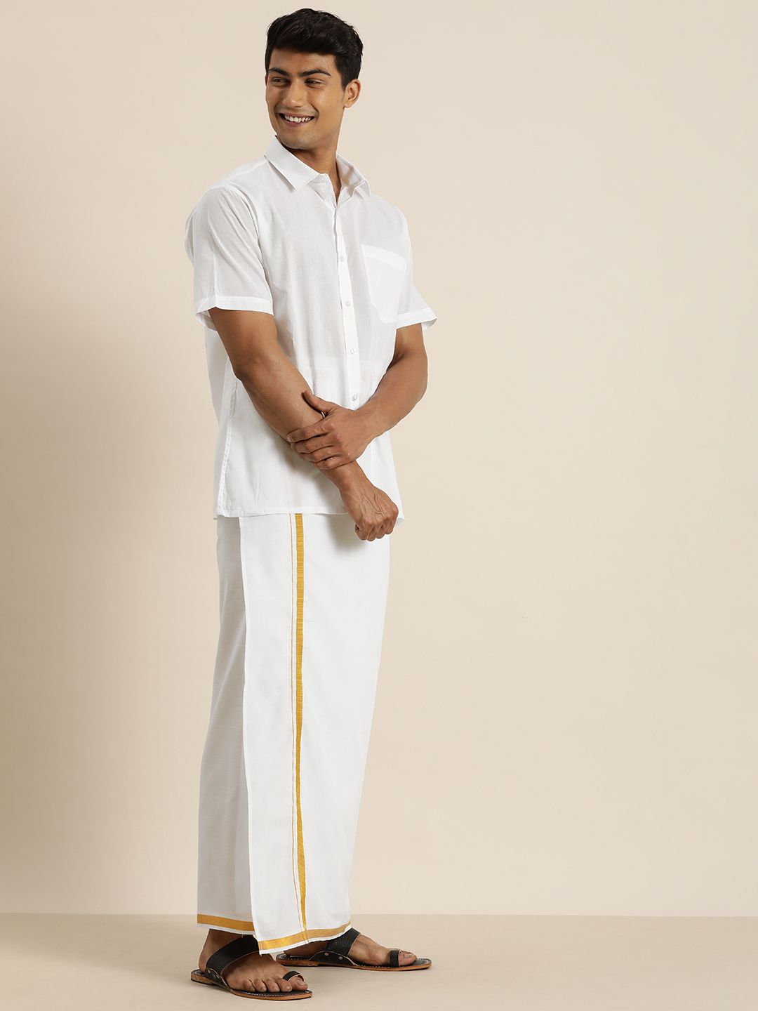 VASTRAMAY Men White & White Shirt with Dhoti