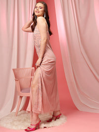 STREET 9 Pink Shoulder Straps Embellished Sequinned Net Maxi Dress