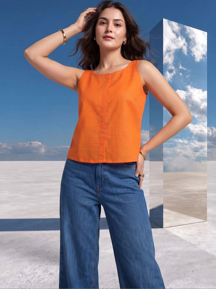Mamicha Women Orange Slub Woven Keyhole Back Tie-Up Sleeveless Top