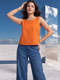 Mamicha Women Orange Slub Woven Keyhole Back Tie-Up Sleeveless Top