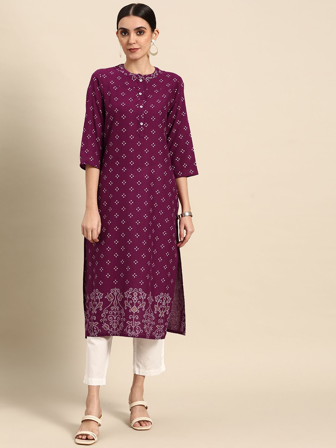 Anouk Women Magenta & White Bandhani Printed Kurta