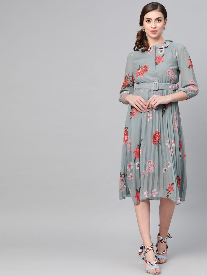 SASSAFRAS Grey & Peach-Coloured Floral Printed Accordian Pleat Fit & Flare Dress
