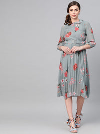 SASSAFRAS Grey & Peach-Coloured Floral Printed Accordian Pleat Fit & Flare Dress
