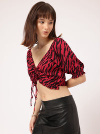 DressBerry Dramatic & Striking Animal Printed Tie-Up Crop Ruched Top