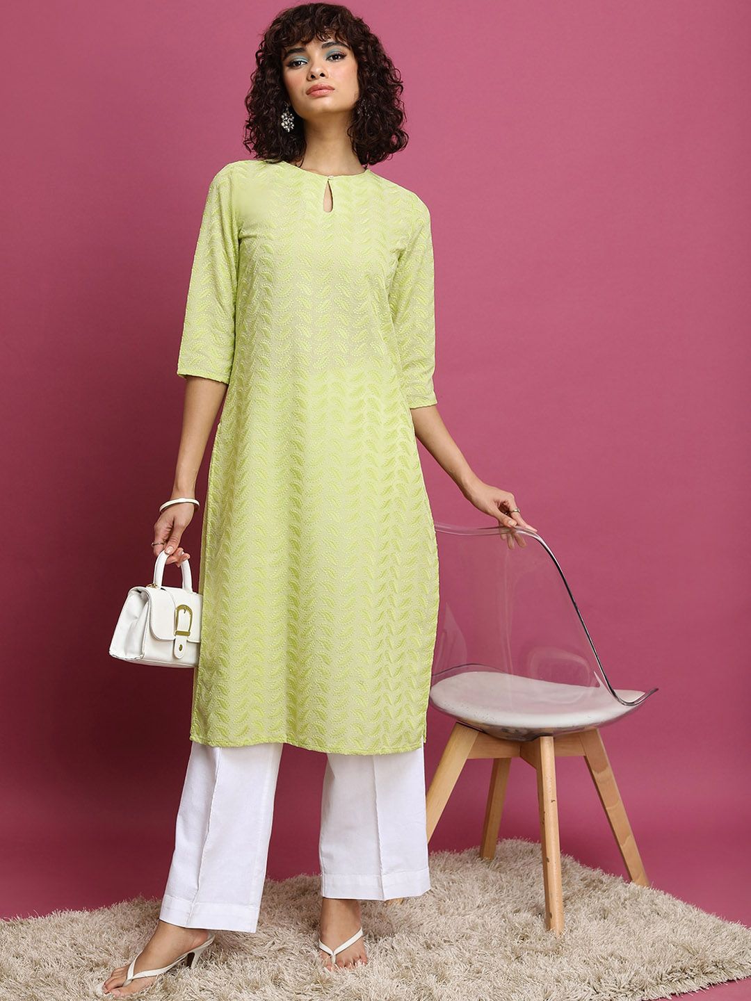 Vishudh Lime Green Floral Embroidered Straight Kurta