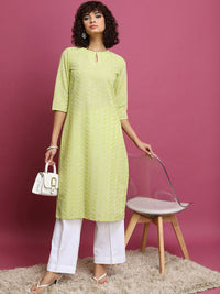 Vishudh Lime Green Floral Embroidered Straight Kurta