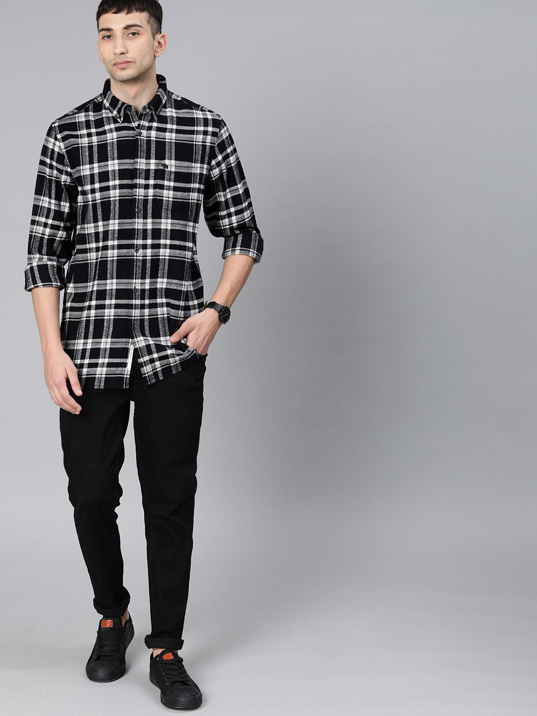 THE BEAR HOUSE Men Black & White Slim Fit Checked Flannel Casual Shirt