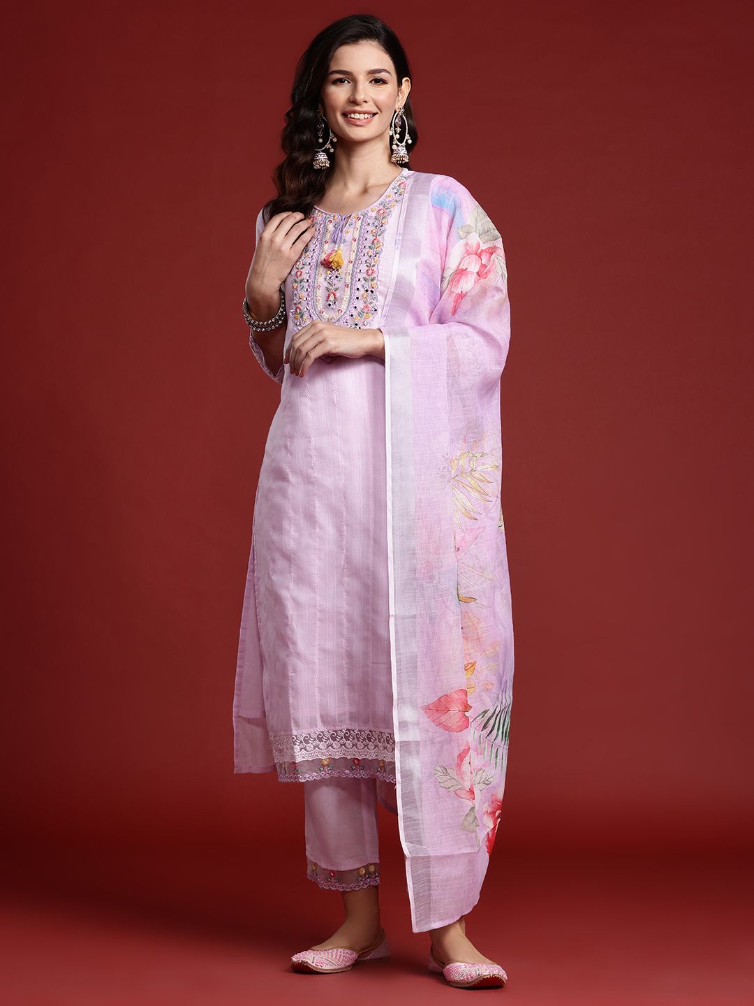 Indo Era Floral & Mirror Embellished Pure Cotton Kurta with Trousers & Dupatta