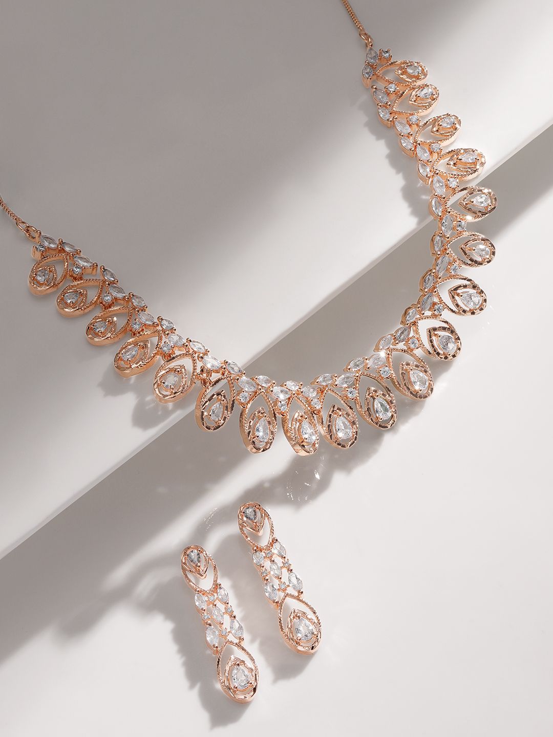Rubans Rose Gold- Plated White CZ-Studded Handcrafted Statement Necklace Set
