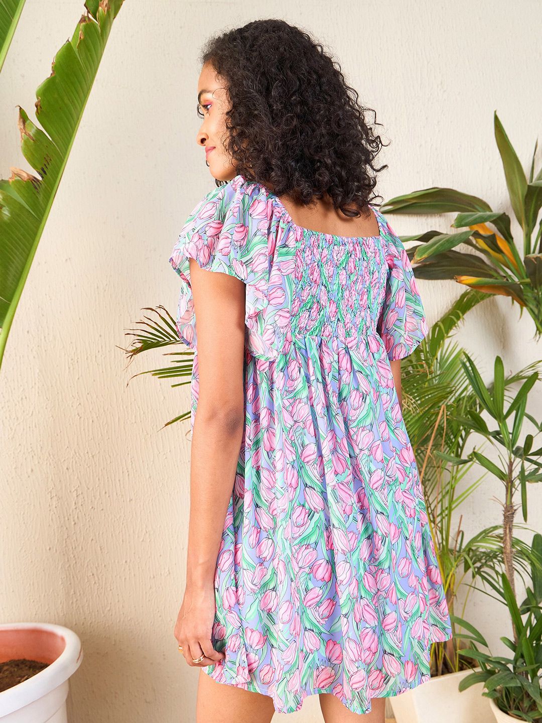 SASSAFRAS Floral Printed Flutter Sleeve Smocked Georgette A-Line Dress