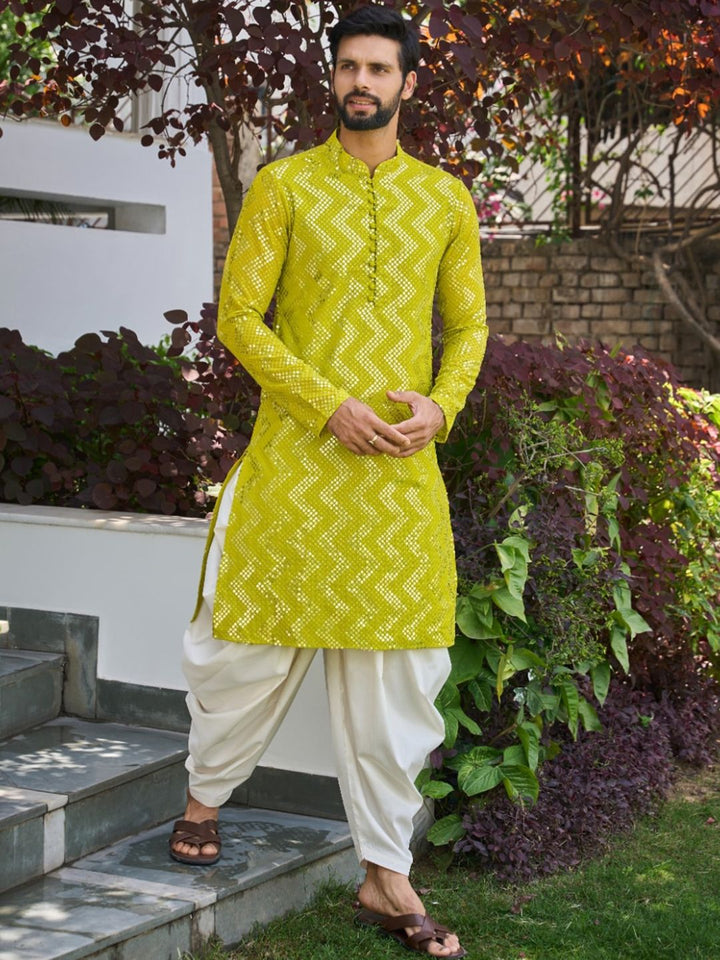 See Designs Geometric Woven Design Mandarin Collar Straight Kurta