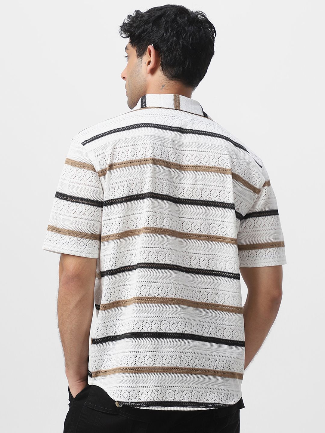 Urbano Fashion Men Cuban Collar Geometric Self Design Cotton Oversized Casual Shirt