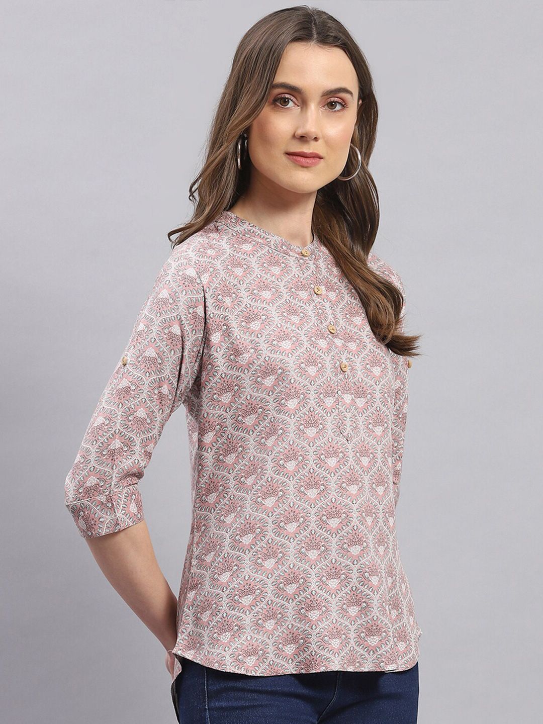 Monte Carlo Ethnic Motifs Printed Mandarin Collar Top