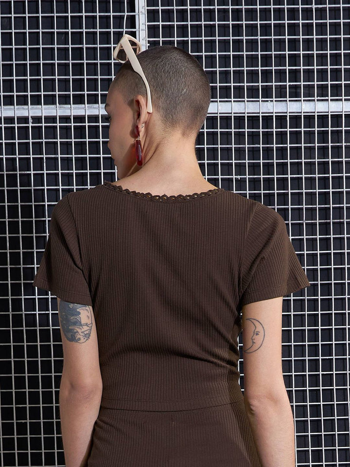 SASSAFRAS Brown Square Neck Crop Top