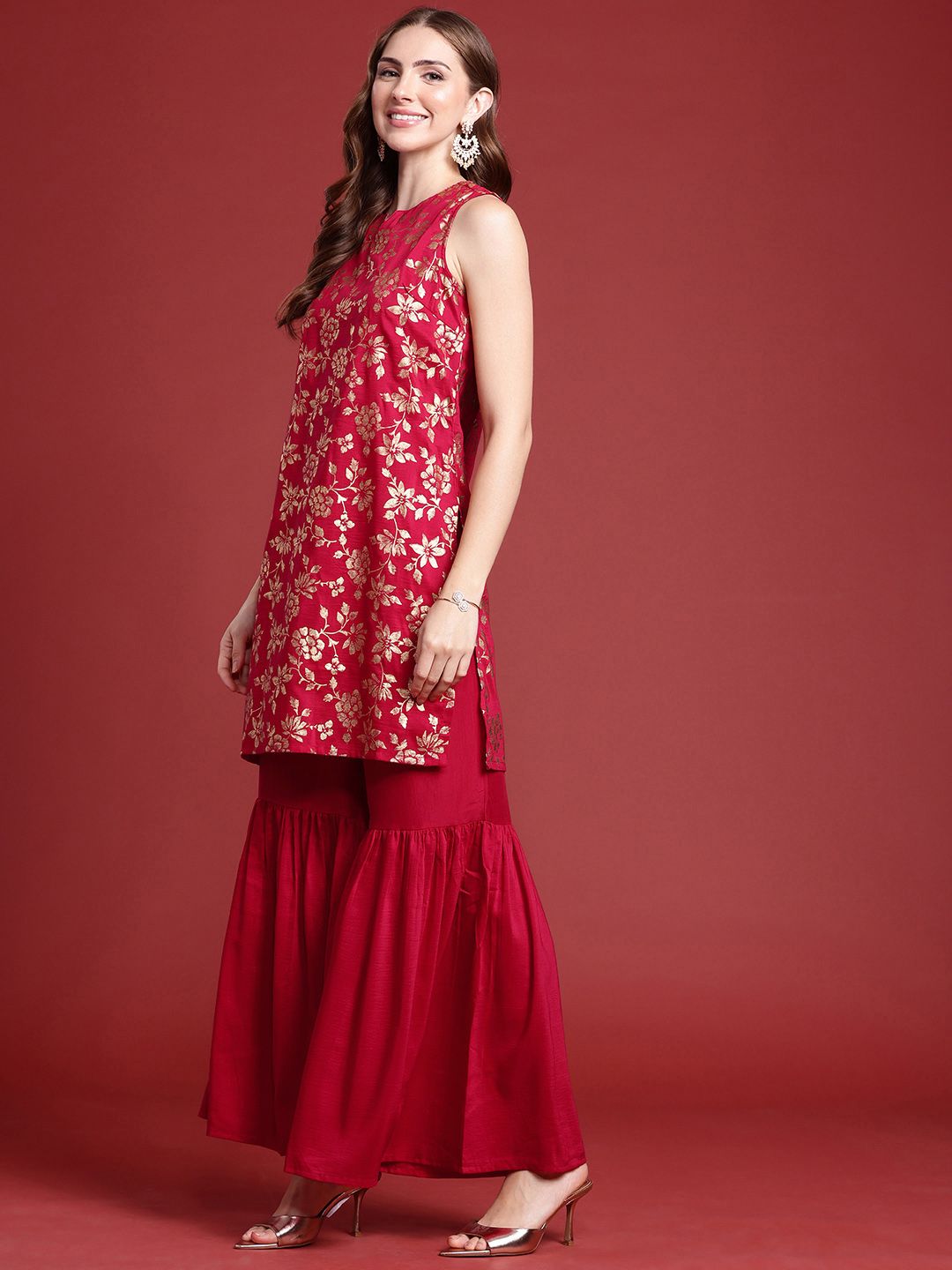 Anouk Indie Floral Printed Kurta With Sharara & With Dupatta