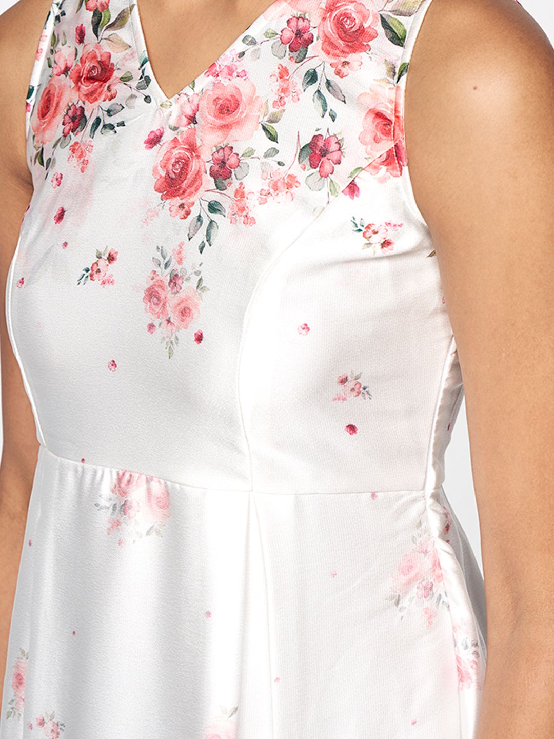 AND Women White & Red Floral Printed V-Neck Fit And Flare Dress