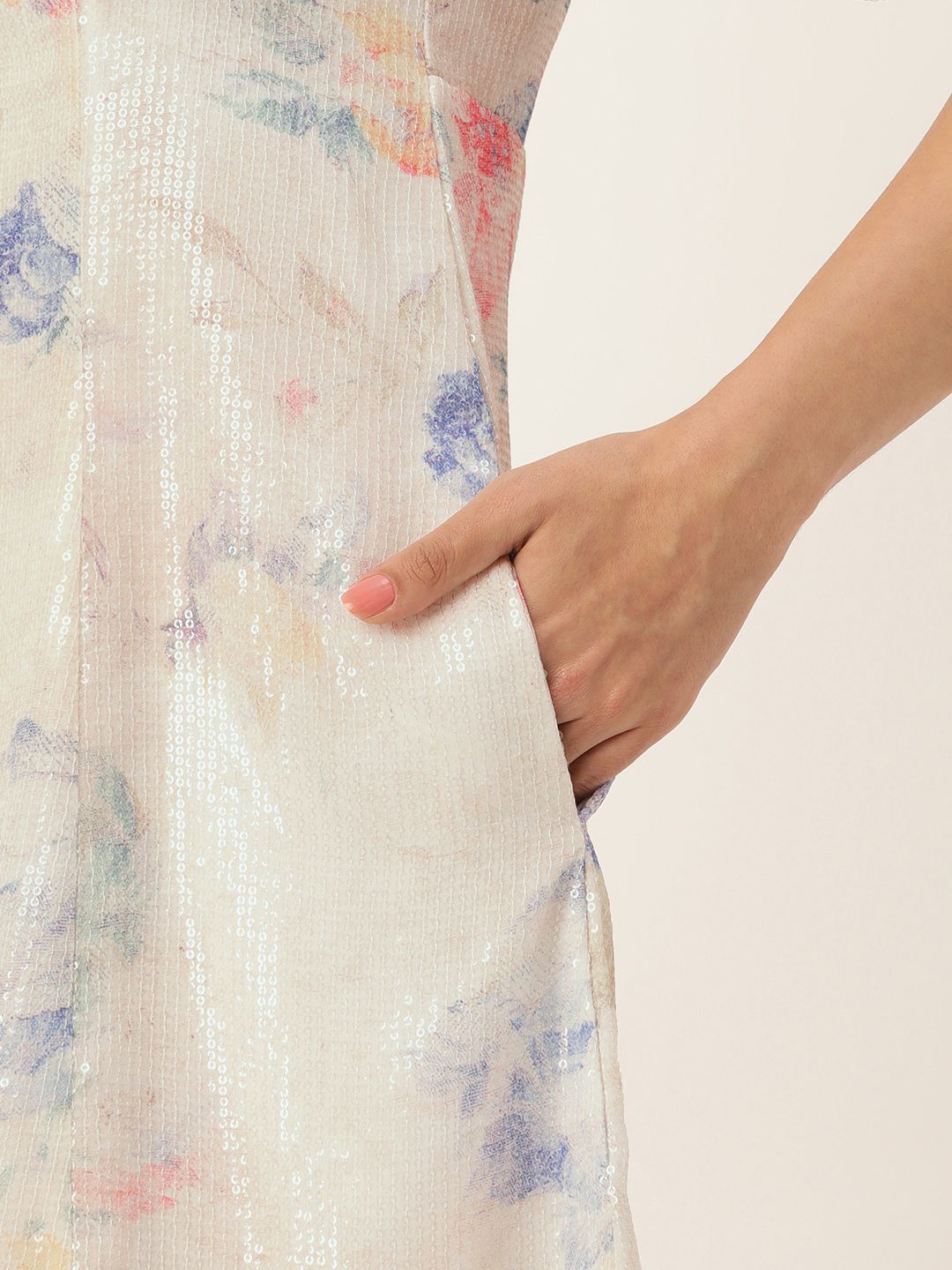 AND Sequined Embellished Floral Puff Sleeves A-Line Dress