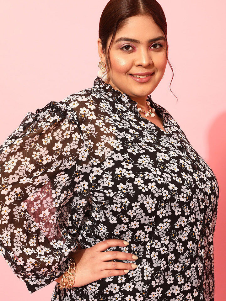 CURVY STREET Black Floral Printed Puff Sleeves Shirt Style Top