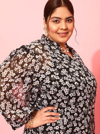 CURVY STREET Black Floral Printed Puff Sleeves Shirt Style Top