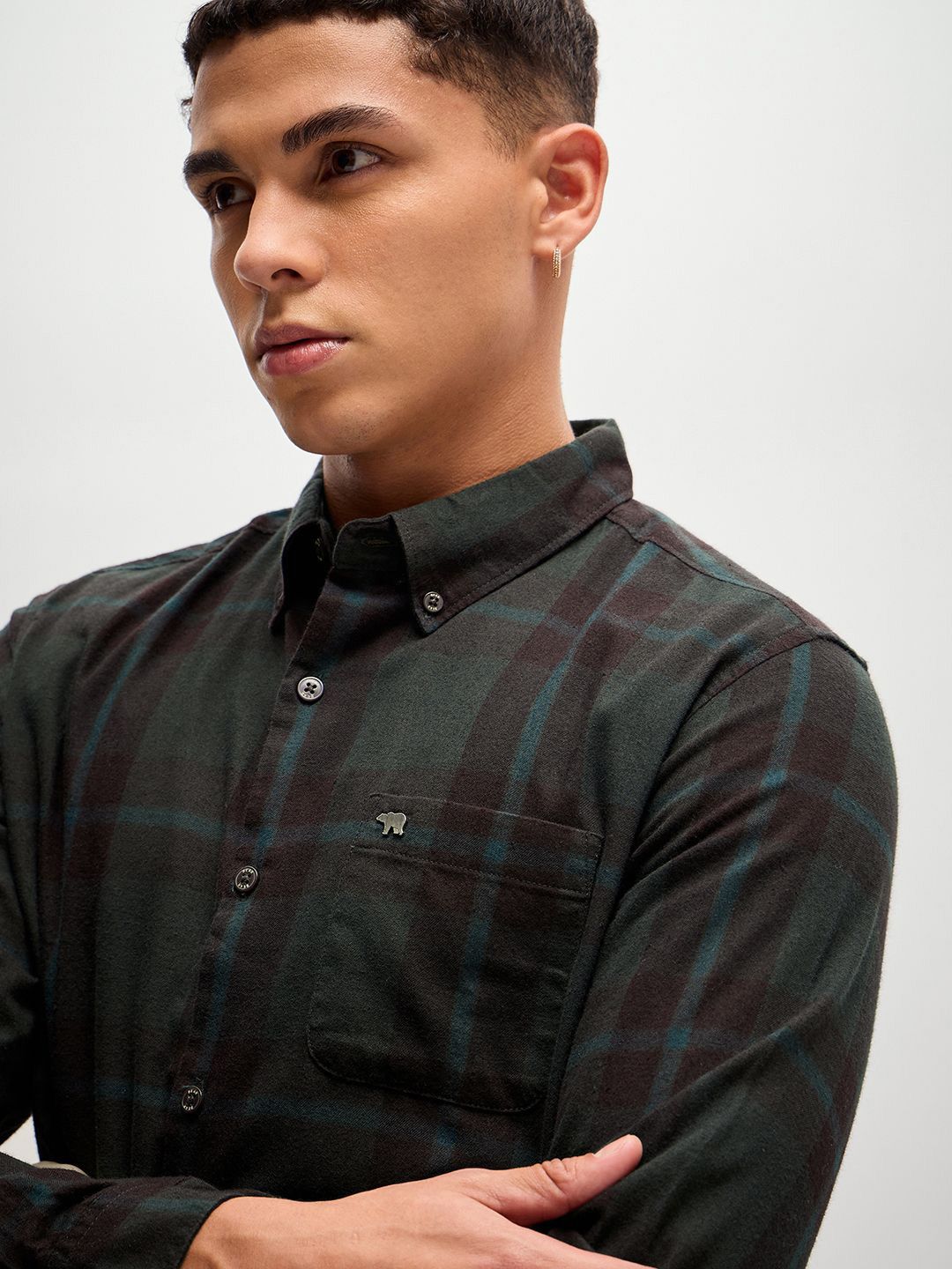 THE BEAR HOUSE Men Button-Down Collar Checked Cotton Slim Fit Casual Shirt