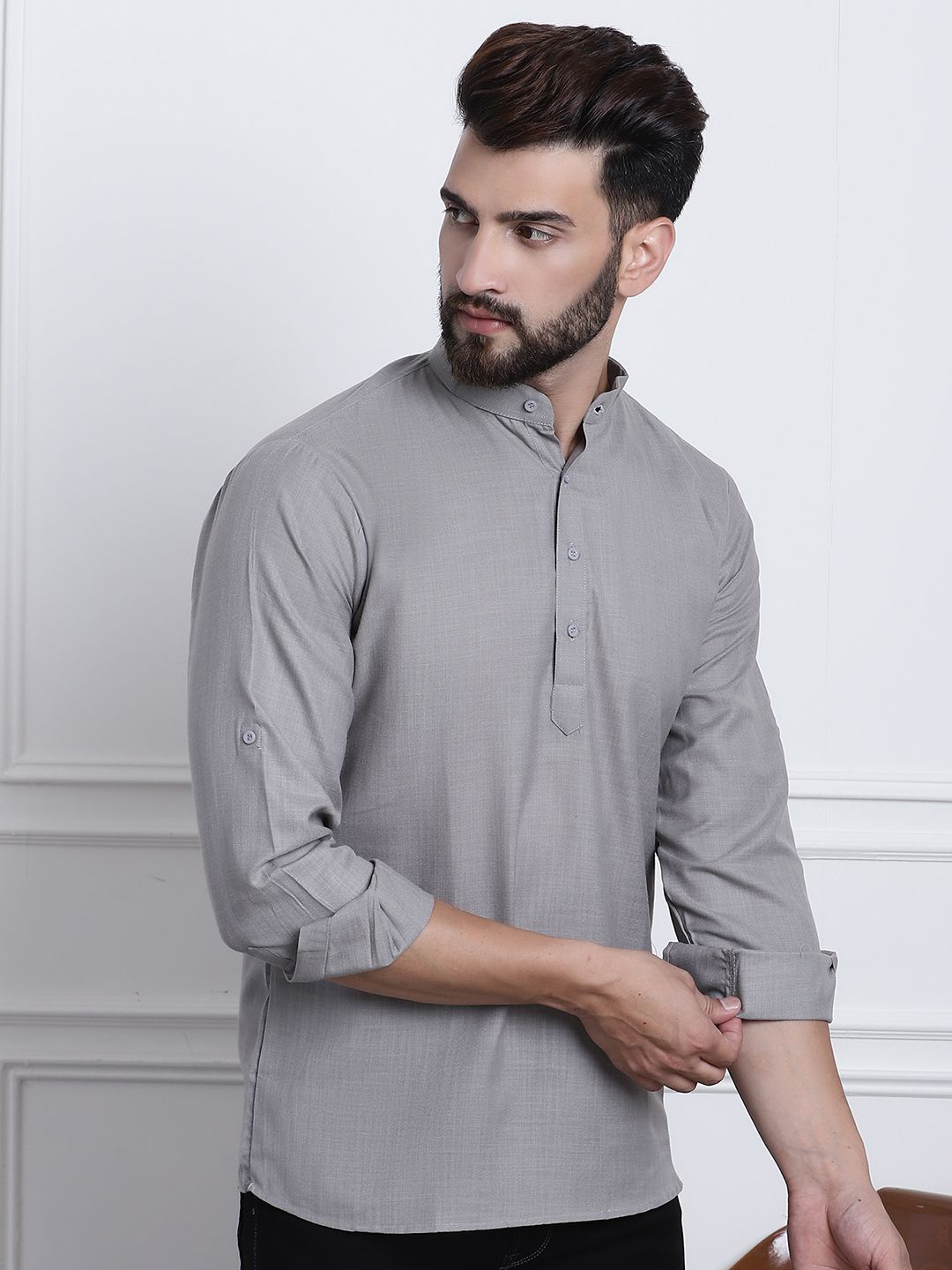 Anug by SOJANYA Men Grey Band Collar Kurta