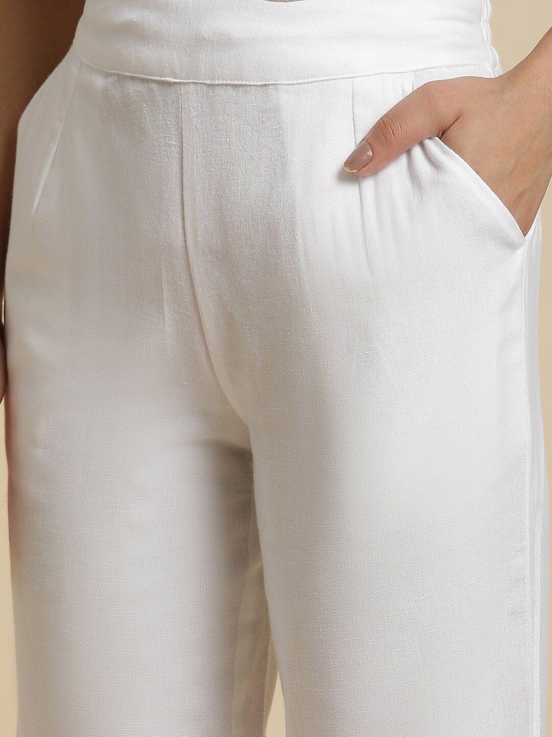 W Plain Straight Fit Mid Rise Cotton Parallel Trousers