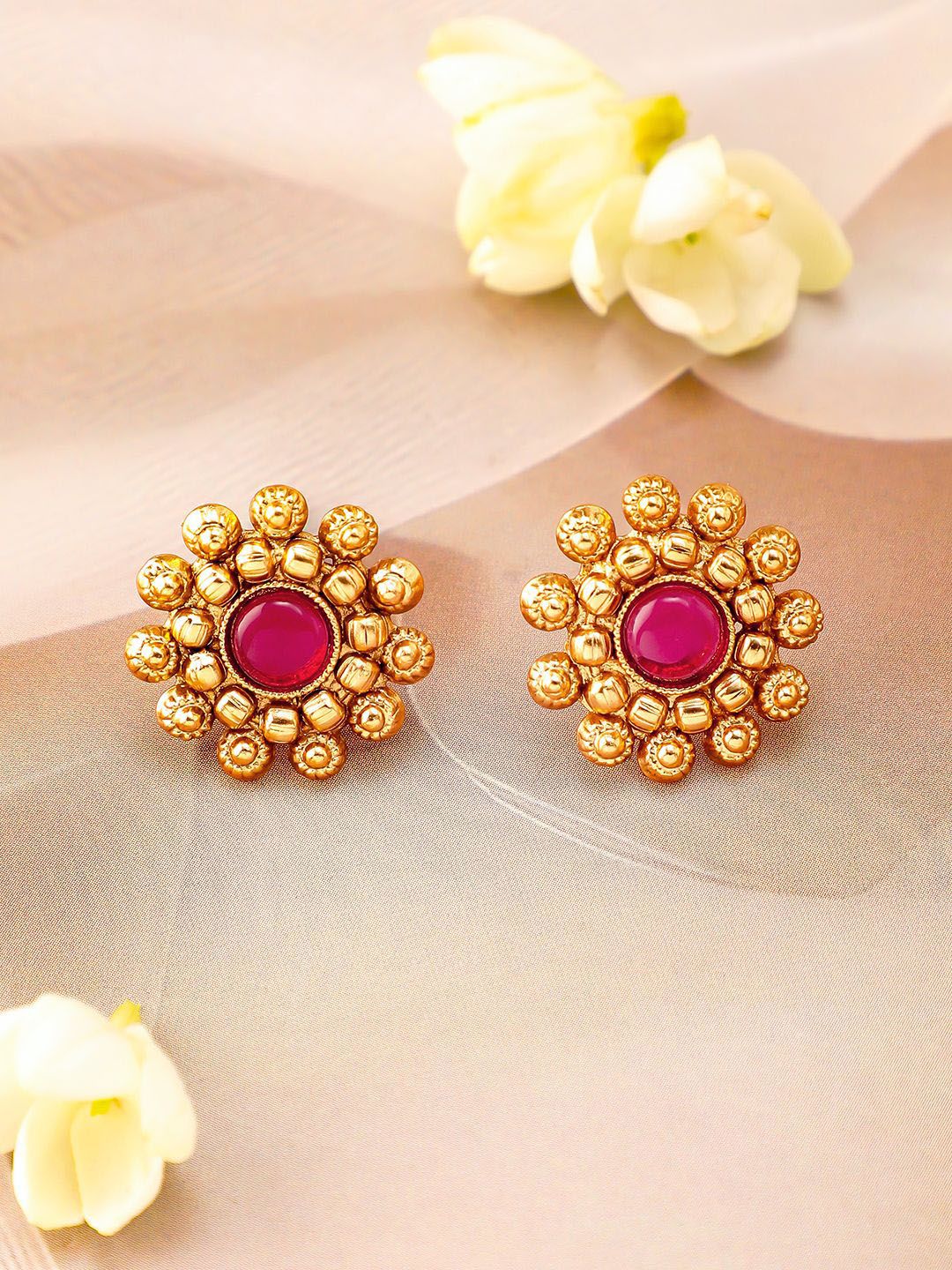 Rubans 22K Ruby Pink Pink Studded Kalung Choker Tradisional dengan Manik Emas