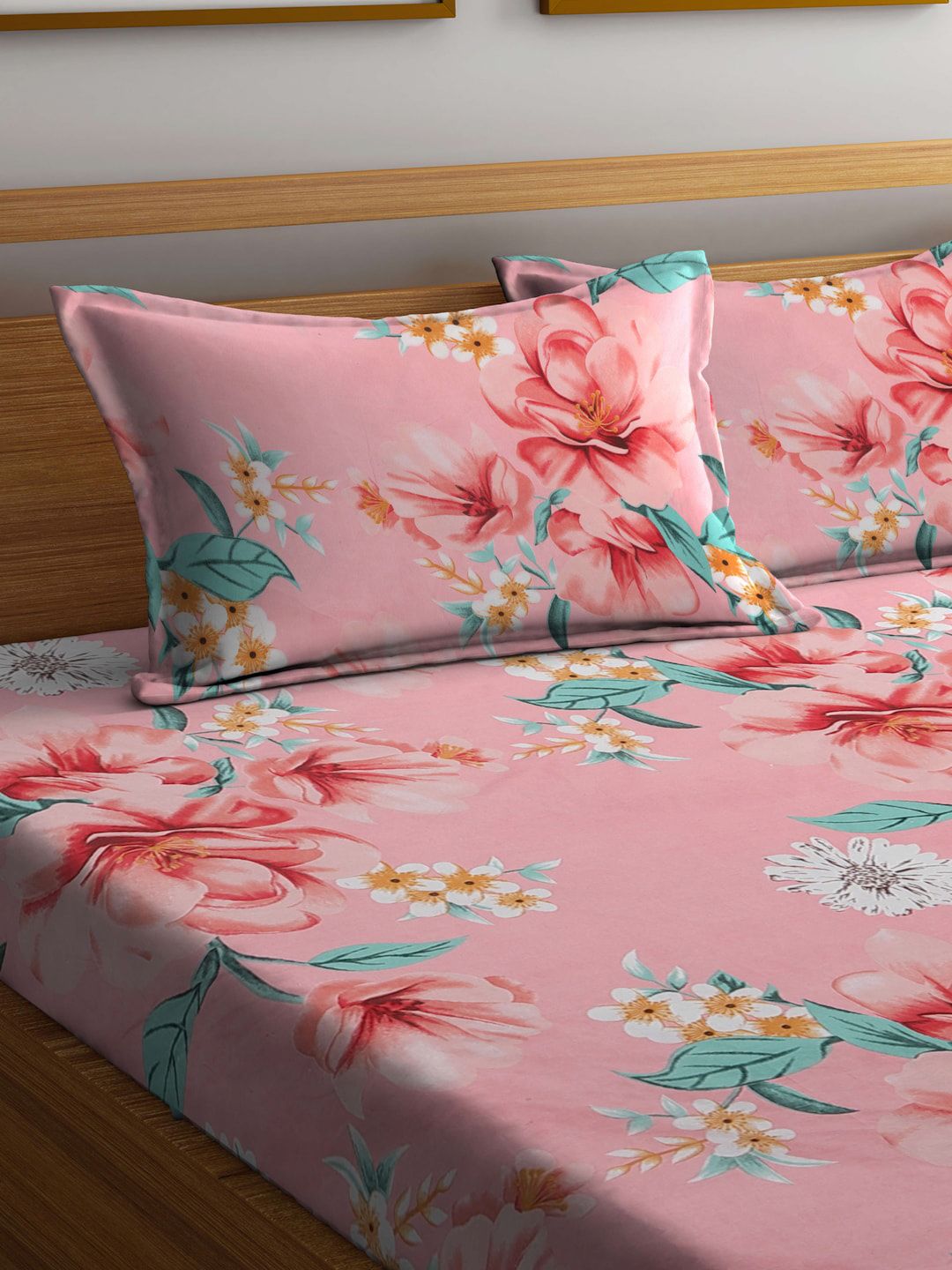 KLOTTHE Cadar King Bercetak 300TC Bercetak Bunga Merah Jambu & Hijau Dengan Sarung Bantal