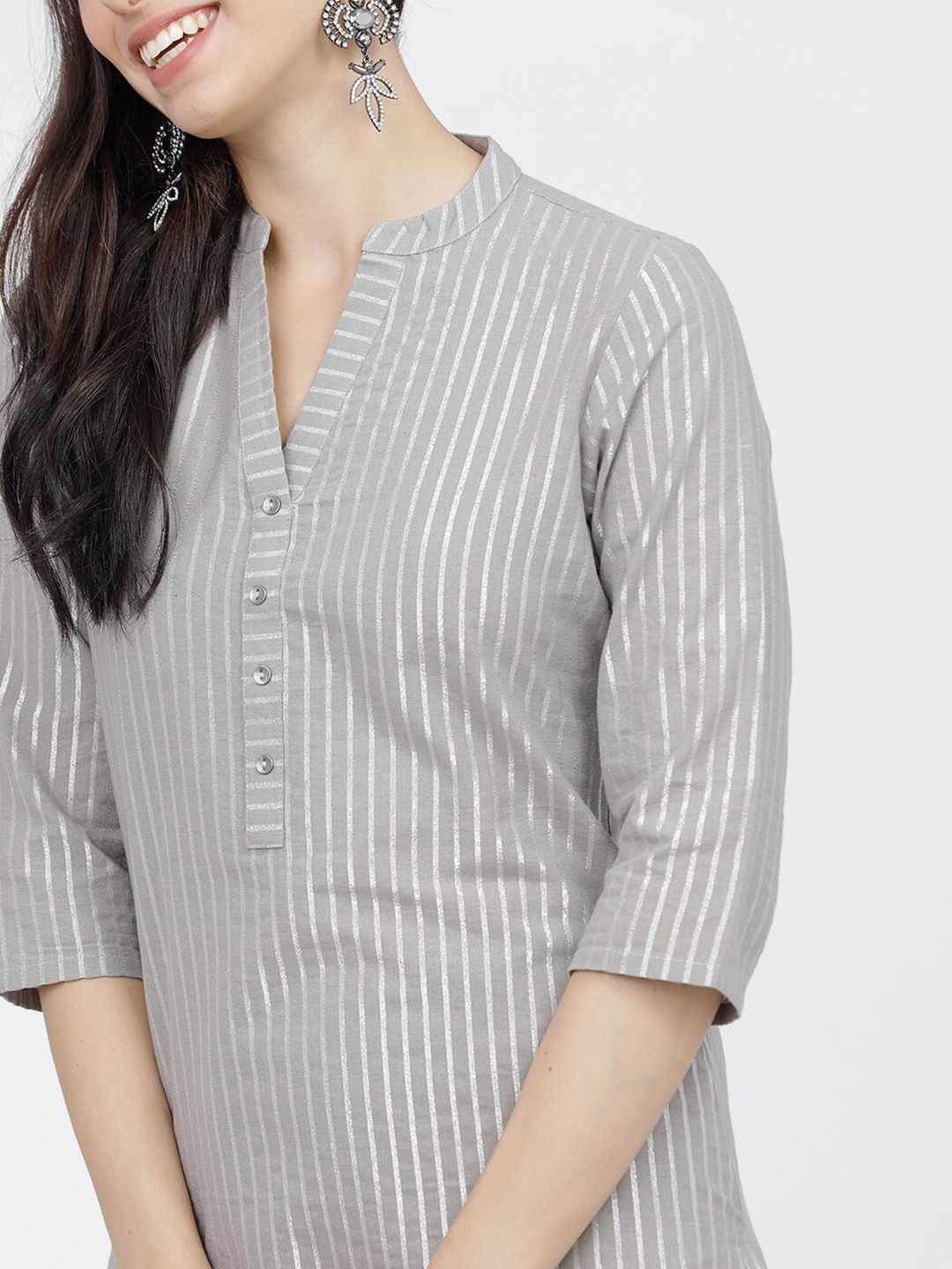Vishudh Women Grey Striped Regular Pure Cotton Kurta with Trousers