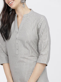 Vishudh Women Grey Striped Regular Pure Cotton Kurta with Trousers