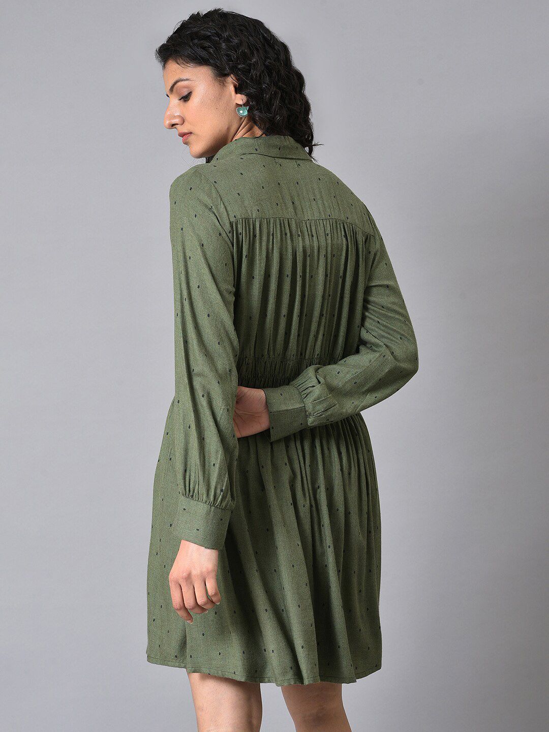 W Green Shirt Collar Polka Dots Printed Embroidered Fit And Flare Dress