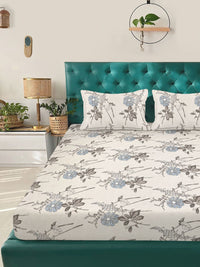 KLOTTHE Cream-Coloured Floral Printed Fitted 300 TC King Bedsheet With 2 Pillow Covers