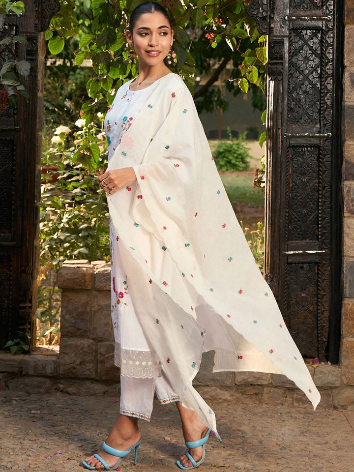 Indo Era Floral Embroidered Pure Cotton Straight Kurta With Trousers & Dupatta