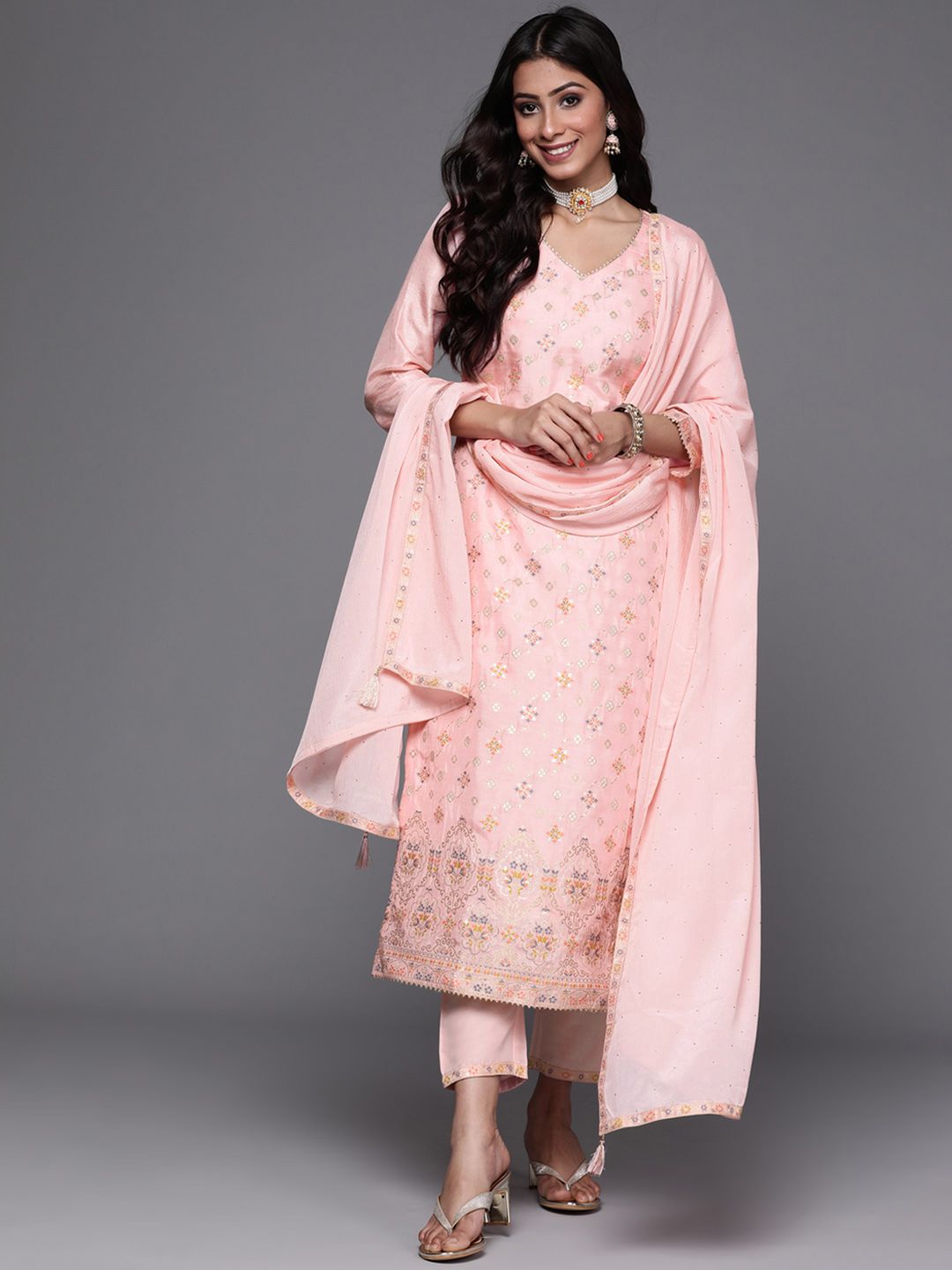 Libas Women Pink & Gold Zari Woven Design Straight Kurta with Trousers Dupatta