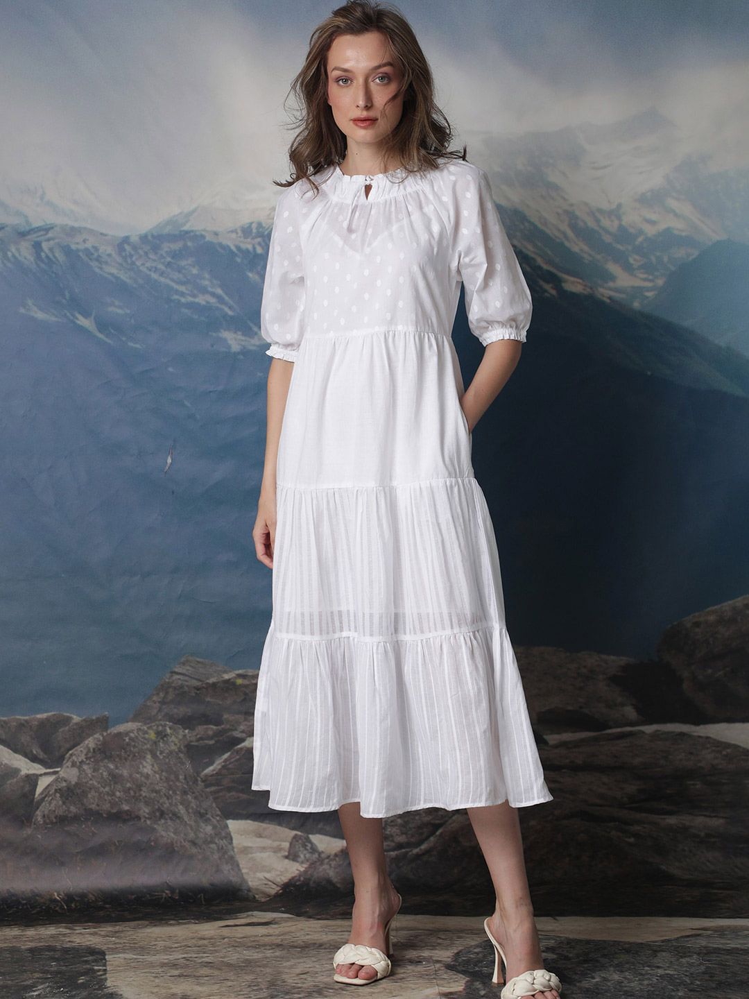 RAREISM Tie-Up Neck A-Line Midi Dress