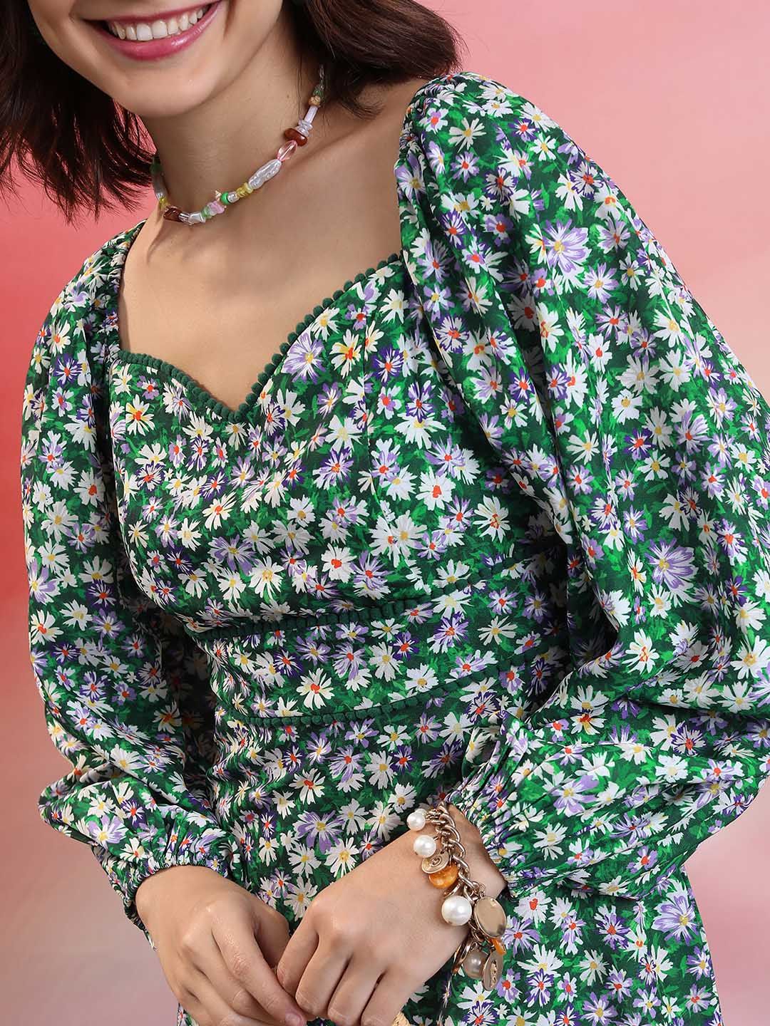 Tokyo Talkies Green Floral Printed Sweetheart Neck Puff Sleeve Pleated A-Line Dress