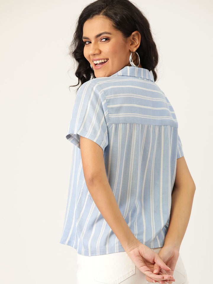 DressBerry Women Blue & Off-White Striped EcoVero Sustainable Shirt
